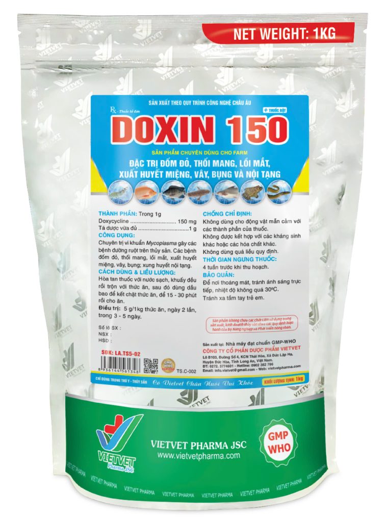 DOXIN 150 - đặc trị đốm đỏ, thối mang, lồi mắt, xuất huyết miệng, vây, bung và nội tạng